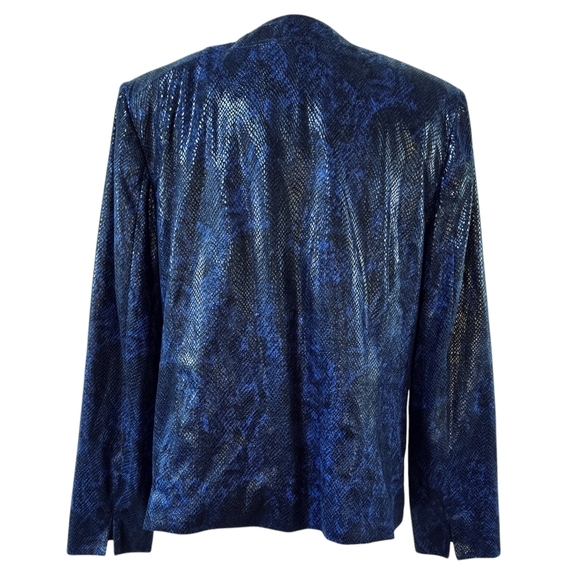 JM Collection Blue Faux Snakeskin Embossed Collarless Zip Jacket - Picture 2 of 8